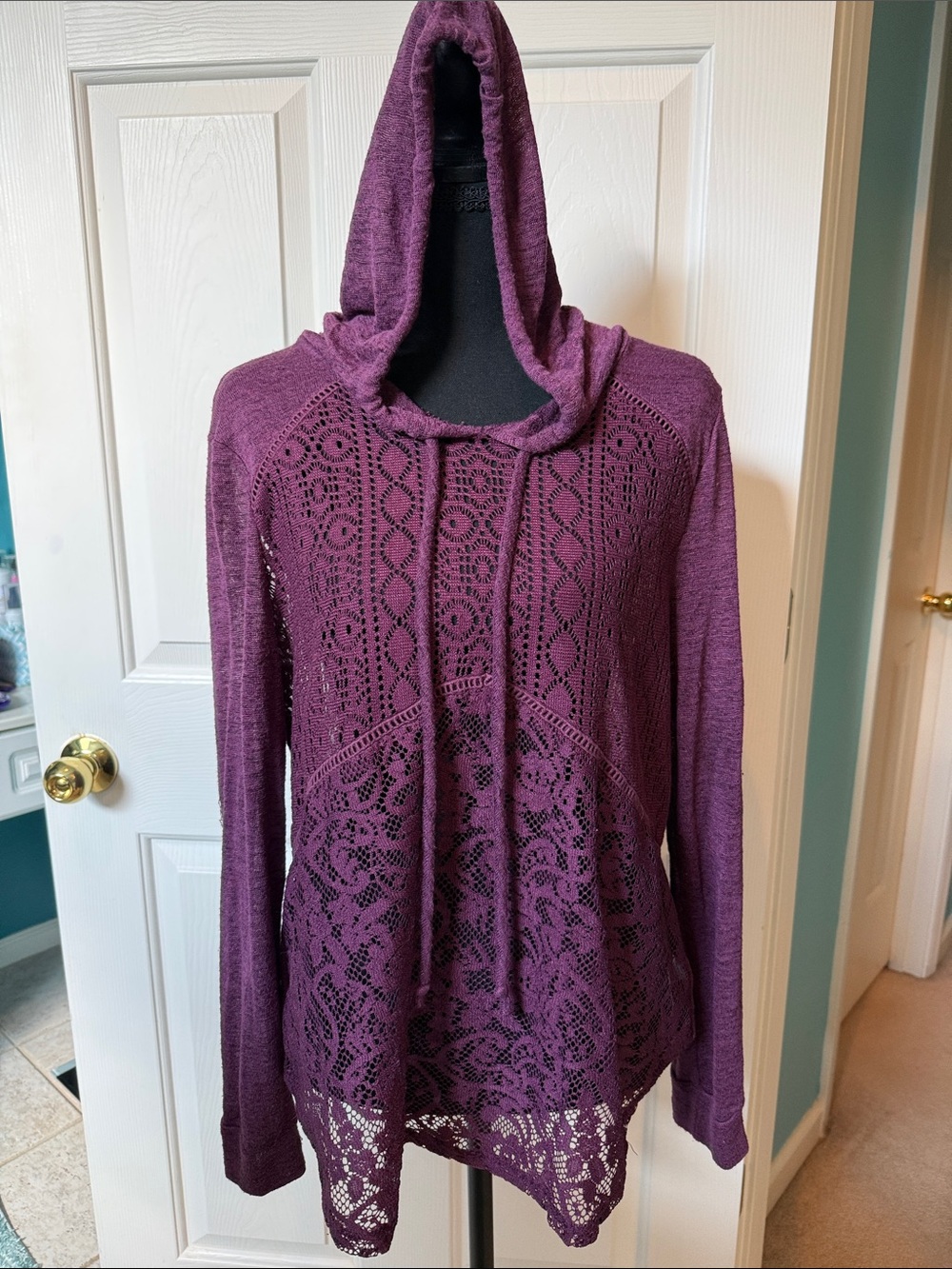 Xhilaration Purple Crochet Lace Front Hooded Knit Pullover